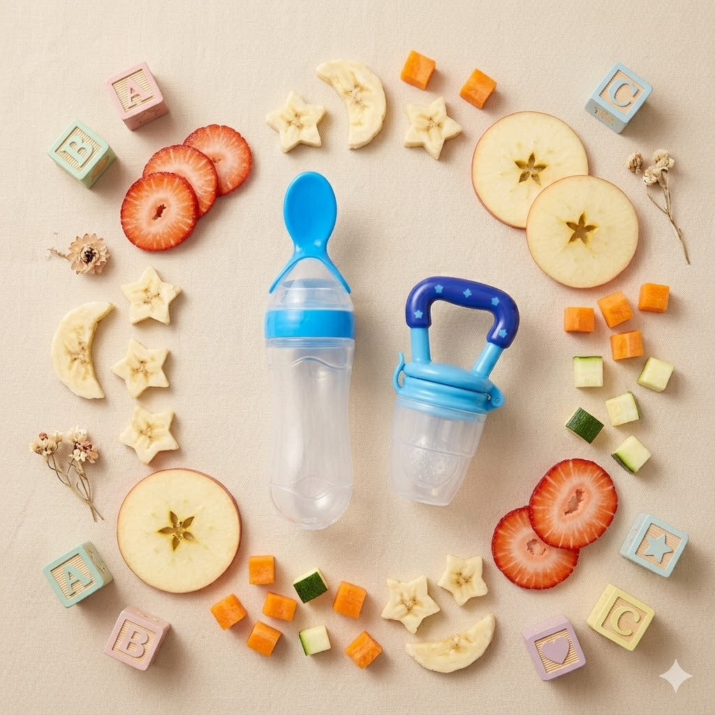 2 in 1 Baby Infant Food Fruits Soft Bite Nipple Feeder Silicone Pacifier With Baby Spoon Squeeze Soft Silicone Spoon Feeder Feeding Tool For Babies