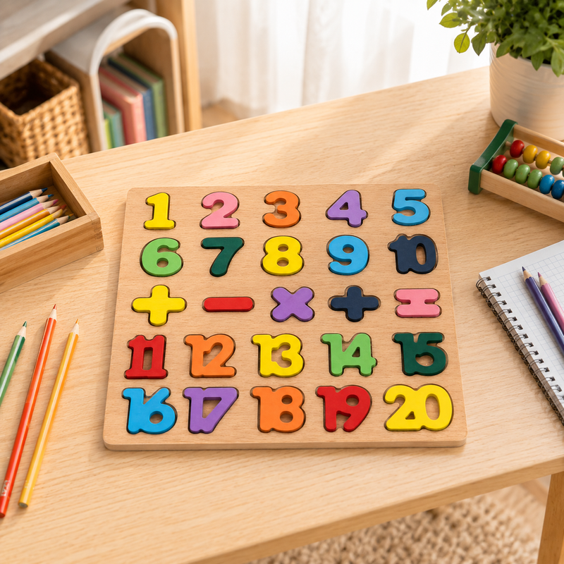 Kids Wooden Number & Math Puzzle Board – 1 to 20 Learning & Counting Toy