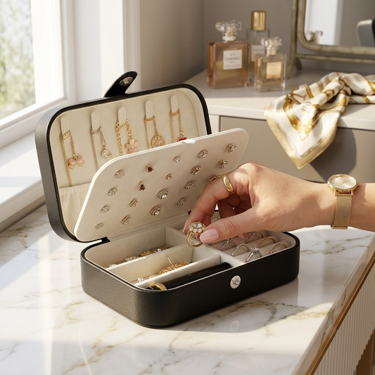 Premium Sleek Black Leather Jewelry Organizer Case with Ring Slots, Earring Panel, and Necklace HooksPremium Sleek Black Leather Jewelry Organizer Case with Ring Slots, Earring Panel, and Necklace Hooks